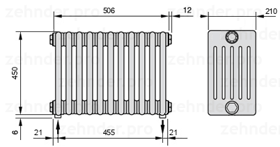 Схема (чертеж) Радиатор Zehnder Charleston 6045/11 №5310 Белый глянцевый RAL 9016